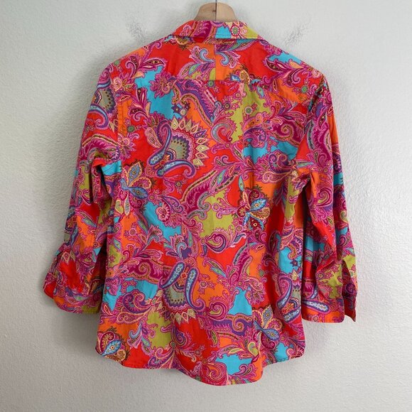 Chaps Womens Medium Paisley Button Up Shirt Vibrant Colorful Blouse 3/4 Sleeve - Picture 8 of 8